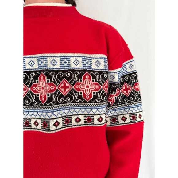 90s vintage red nordic aztec print unisex mens cozy fleece knit pullover sweater - Picture 7 of 10